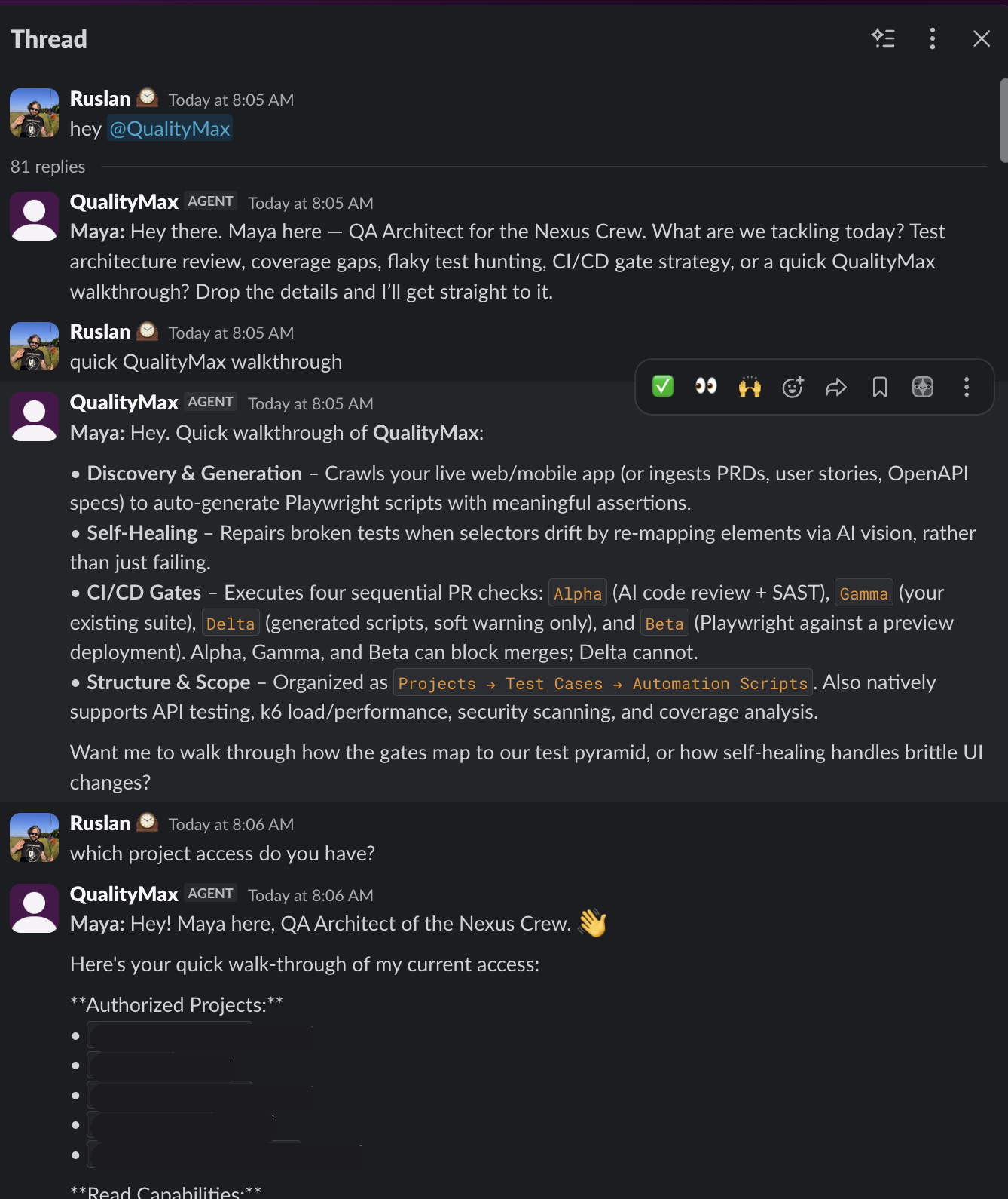Redacted QualityMax Slack thread with Maya walking through Discovery, Self-Healing, and CI/CD gates