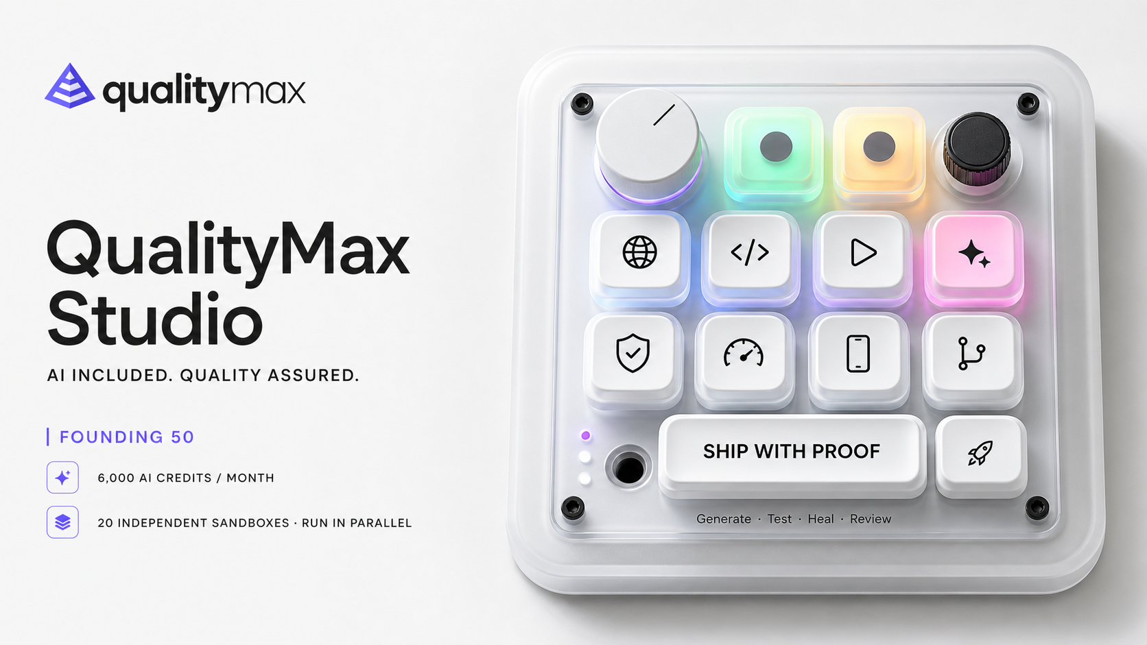 QualityMax Studio: AI included, quality assured, with 6,000 monthly hosted-AI credits for Founding 50 users.