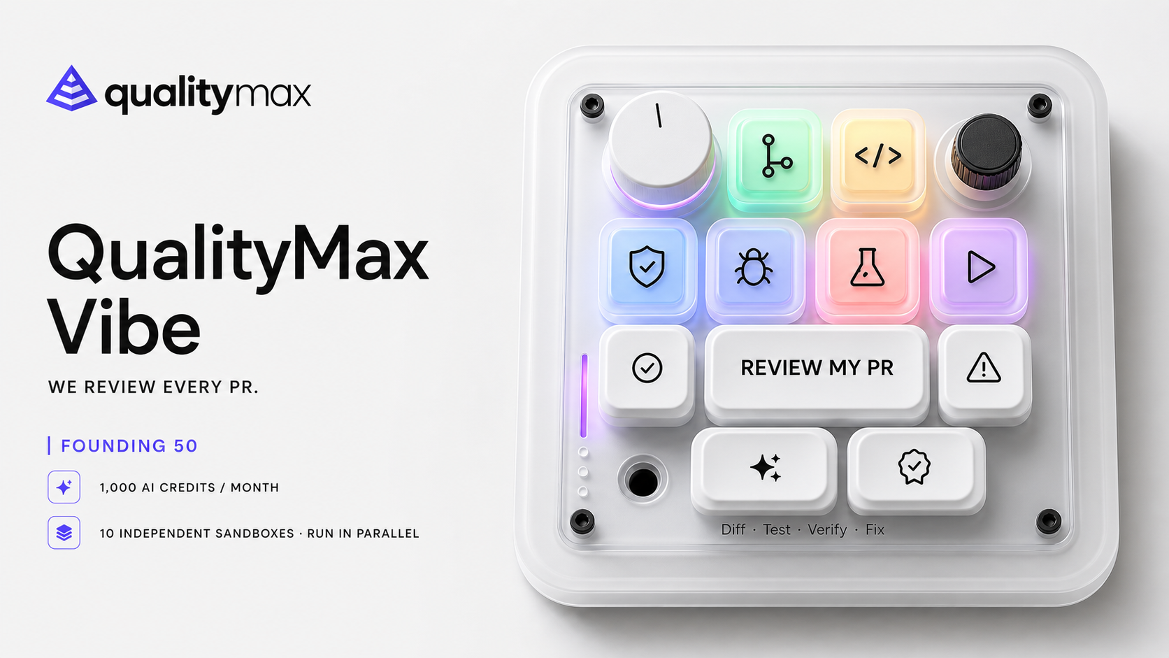 QualityMax Vibe launch offer: 1,000 AI credits per month for the first 50 users.