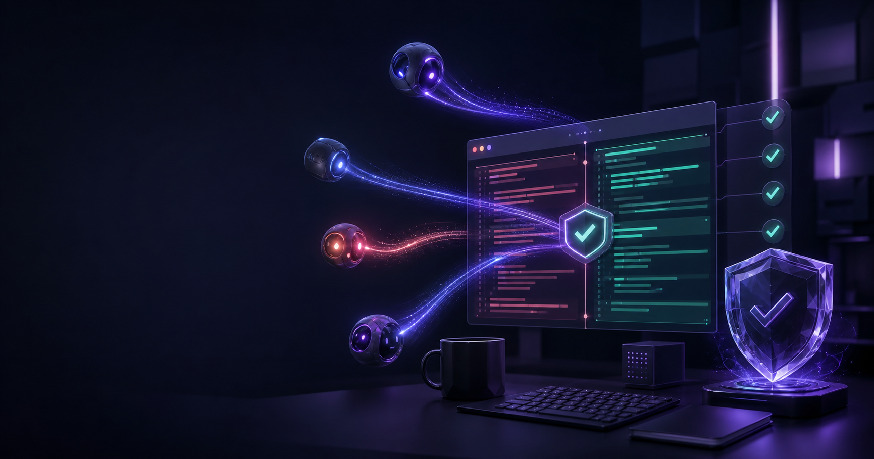 Independent AI reviewers converge on a pull-request diff that is protected by a glowing verification shield.