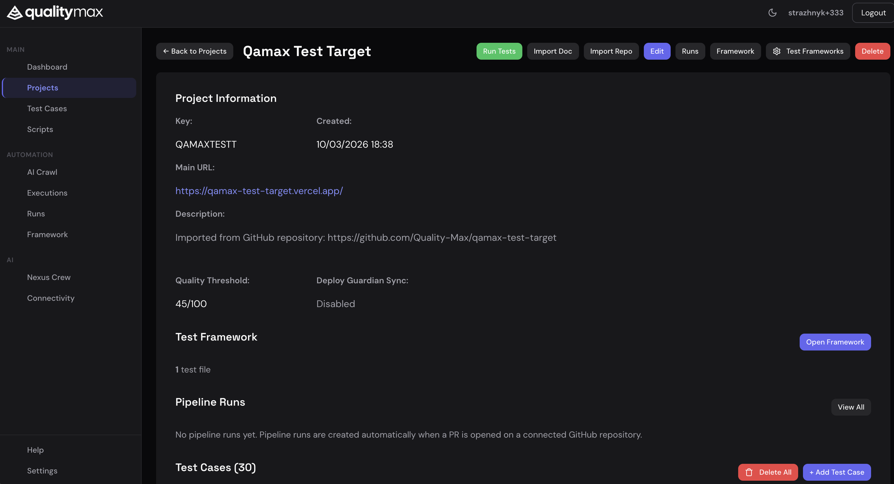 Project detail view with framework info, pipeline runs, and quality settings
